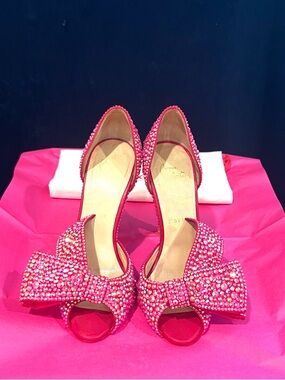 Christian Louboutin Swarovski Crystal Strass Heels With Bow Magenta Pink 36 🎀